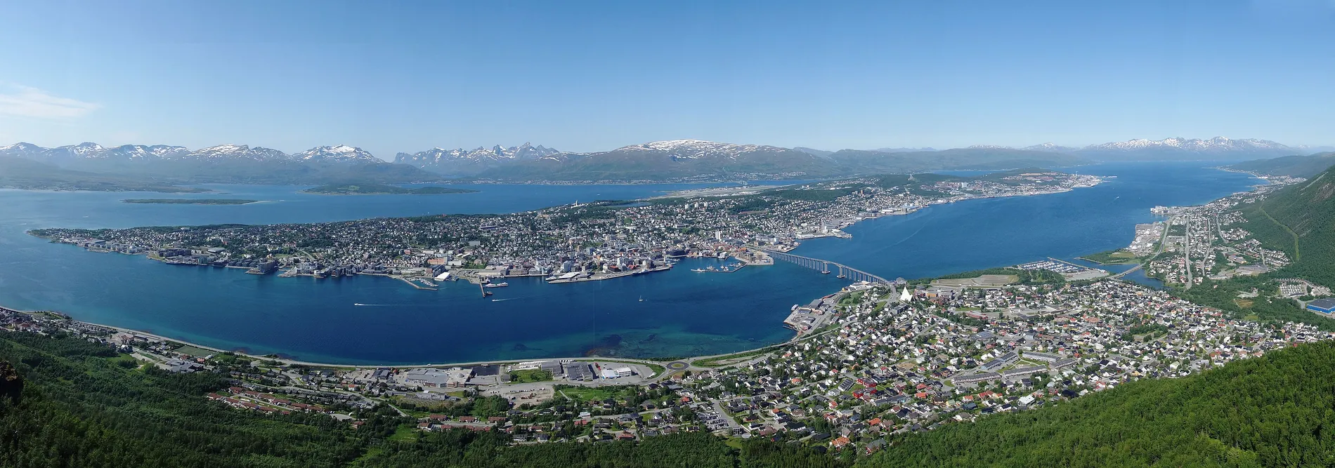 Panorama of Tromsø city, bridge and fjord seen from Fjellheisen